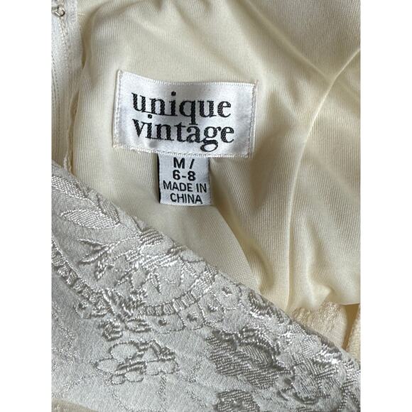 Unique Vintage Stunning Creamy White Jacquard Dress M 6 8 NWOT Wedding Party - Picture 9 of 9